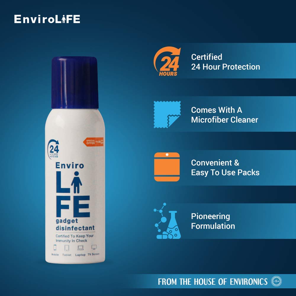 Envirolife - 24 hours protection with single spray Alcohol Based Gadget Disinfectant - 100ml with 950+ sprays & 20ml with 250+ sprays