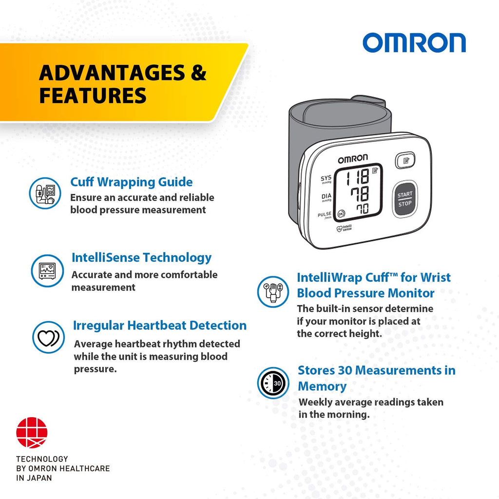 Omron Hem 6161 Fully Automatic Wrist Blood Pressure Monitor With Intellisense Technology, Cuff Wrapping Guide And Irregular Heartbeat Detection For Most Accurate Measurement