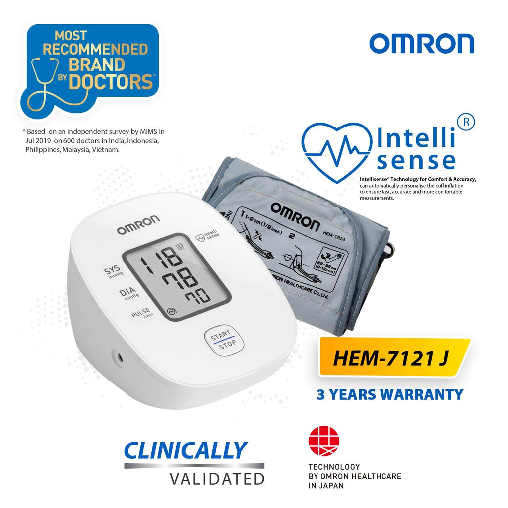 Omron Hem 7121J Fully Automatic Digital Blood Pressure Monitor With Intellisense Technology & Cuff Wrapping Guide For Most Accurate Measurement (White)